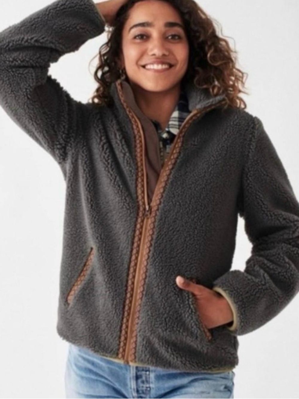 Faherty Ashbury High Pile Fleece Full Zip Jacket Grey Tan Medium